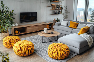 Top view of grey sofa and yellow knitted pouffes near tv unit. Minimalist interior design of modern living room, home.