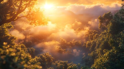 Naklejka premium Golden sunlight breaks through evergreen trees at dawn in a serene landscape