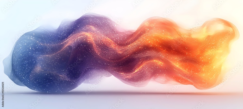Poster an abstract wave of vibrant orange and purple hues, illuminated with sparkling particles, creating a
