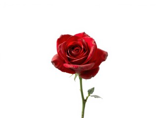 A single, perfect red rose, pristine and isolated against a stark white backdrop, beautiful, design element