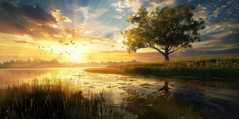 Serene capture of forest bathed in gentle morning sunlight reflecting