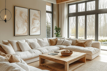 Fototapeta premium Bright and cozy room with a large, comfortable sofa, natural wood coffee table, and soft, warm-toned decor. Scandinavian home interior design of modern living room.