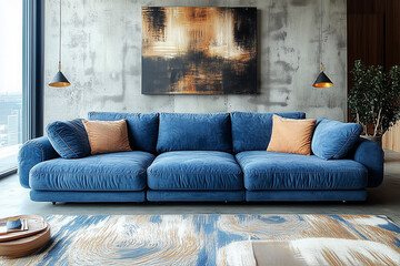 Minimalist, loft interior design of modern living room with blue corner sofa against concrete wall.