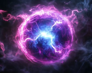 Abstract plasma sphere emitting purple blue light rays dark background static electricity experiment