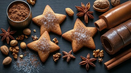 Fototapeta premium Star shaped cookies decorated with sugar surrounded by nuts and spices in a festive arrangement