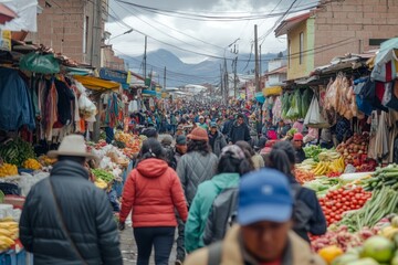 Obraz premium Bustling Market Scene in a Mountain Town