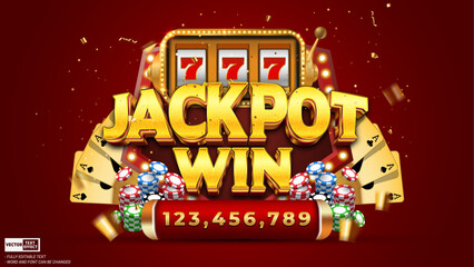 Lucky casino jackpot win editable 3d gold luxury vector text effect template with poker card, slot machine on red glitter background