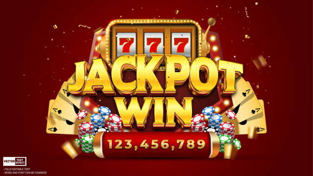 Lucky casino jackpot win editable 3d gold luxury vector text effect template with poker card, slot machine on red glitter background
