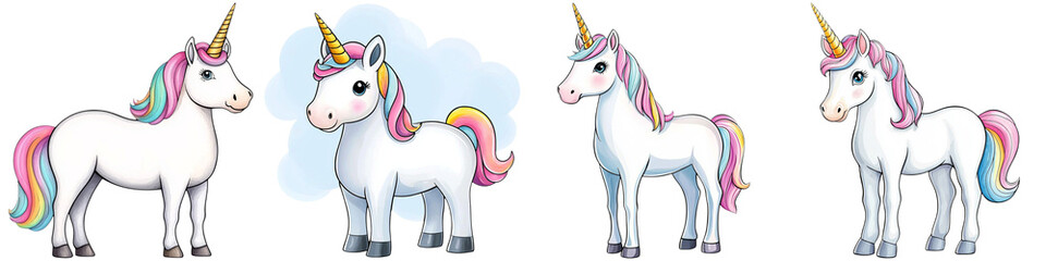 Fototapeta premium Unicorn magic and playful, A colorful group of unicorns, each with distinct features and poses, showcasing their magical and whimsical nature.