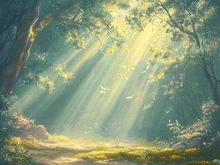 Obraz premium A serene forest scene with sunlight filtering through trees, creating a tranquil atmosphere.