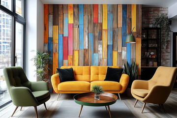 Fototapeta premium Yellow and olive armchairs near colorful multicolored sofa against vibrant colorful painted barn wood planks mosaic paneling wall. Minimalist interior design of modern living room.