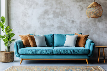Turquoise sofa near window against concrete wall with copy space. Minimalist home interior design of modern living room.