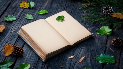 Fototapeta premium Open Book Autumn Leaves - Blank book pages, autumn leaves, pine cones, nature, writing, fall.