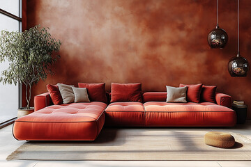 Red modular corner sofa against blank brown stucco wall with copy space. Loft interior design of modern living room, home.