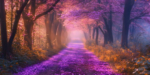 Enchanted forest path glowing with ethereal purple light at dawn