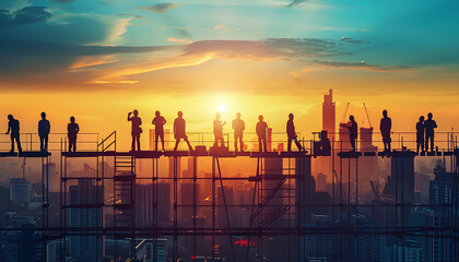 Fototapeta premium Silhouettes of workers against the background of the city.