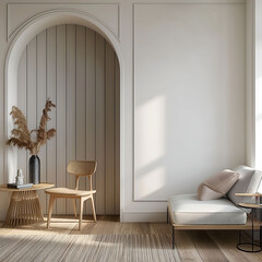 Aesthetic elegant minimalist modern interior design. Clear mock up empty wall for decoration in the apartment. Copy space in the room. Neutral palette of natural colors.