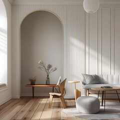 Aesthetic elegant minimalist modern interior design. Clear mock up empty wall for decoration in the apartment. Copy space in the room. Neutral palette of natural colors.