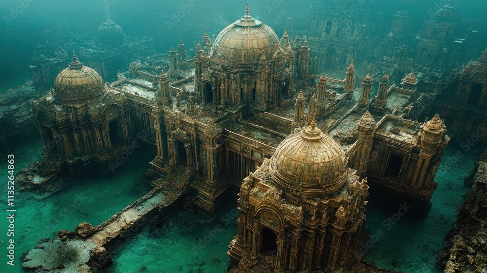 Poster an underwater view of an ancient, ornate structure, showcasing intricate architecture.