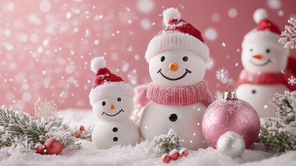 Obraz premium Festive Snowman Family in Winter Wonderland