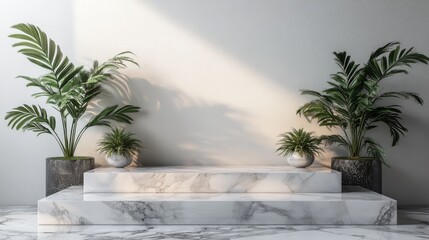 Fototapeta premium Modern Minimalist Interior with Marble Steps and Indoor Plants