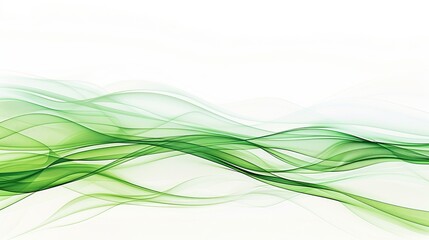 A conceptual image of abstract green waves symbolizing renewable energy currents against a backdrop of serene white, representing the flow of sustainable power, Minimalist digital artwork depicting