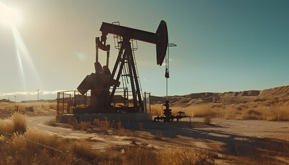 Fototapeta premium Low angle shot of oil pump jack pumping crude oil under clear blue sunny sky. Fossil fuel energy is the cheapest and the most profitable energy source in whole power generation industry.