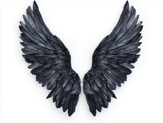 Obraz premium A pair of detailed black wings rests symmetrically, each feather meticulously rendered, highlighting the uniqueness of the design and craftsmanship, isolated on white background