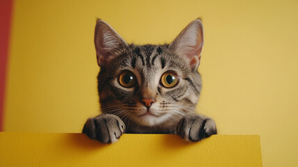 Curious cat peeking over a colorful background in a playful indoor setting