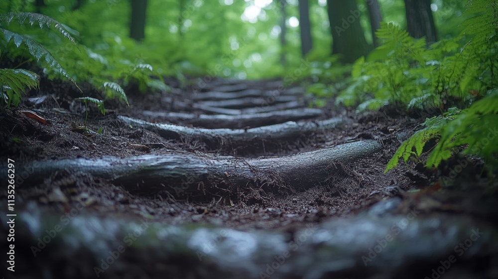 Poster a winding forest path lined with tree roots and lush greenery.