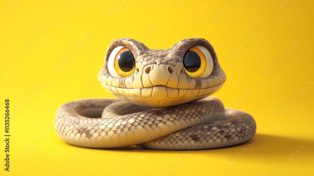 Poster detailed 3d render of a cartoon-style snake coiled with a wide-eyed, curious expression on a solid y