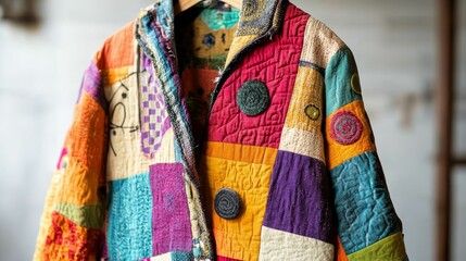 Multicolored patchwork coat, textured fabrics, unique design.