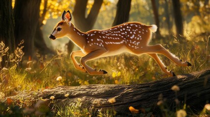 Dynamic image of young fallow deer leaping in meadow