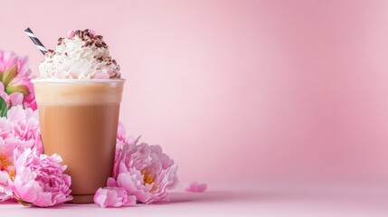 Iced Coffee with Whipped Cream and Peonies - Refreshing iced coffee, creamy whipped topping, chocolate shavings, delicate pink peonies, summer drink, sweet treat.