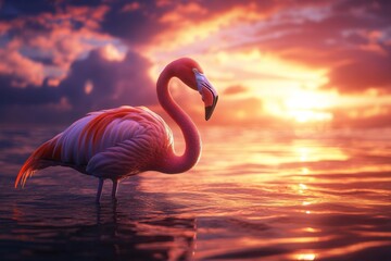 Fototapeta premium Flamingo at Sunset - A breathtaking moment in nature