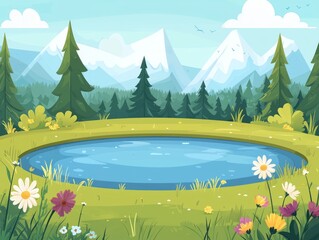Fototapeta premium A serene landscape featuring a pond surrounded by mountains and flowers.