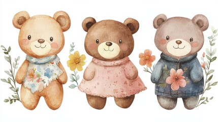 Cute Watercolor Teddy Bears Illustration
