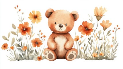 Cute Teddy Bear with Flowers