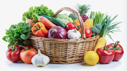 A basket overflowing with colorful vegetables, including peppers, tomatoes, and broccoli, sits against a white background.