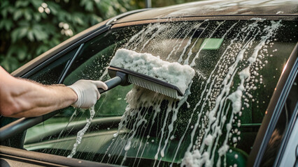 A car window, meticulously scrubbed with sudsy water.A hand in a glove, applying cleaning solution to the car's glass.