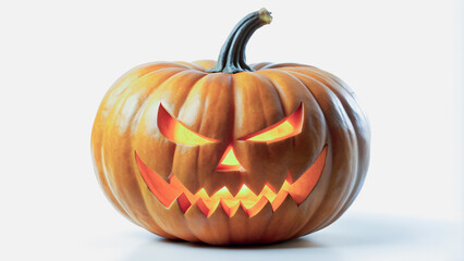 A carved pumpkin, glowing with an eerie light, sits centered against a plain white background.Warm orange hues of the pumpkin contrast with the bright light within, creating a festive Halloween ambian