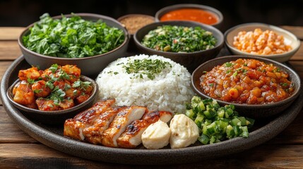 Fototapeta premium Colorful traditional Indian dish assortment with rice and various curries served in bowls