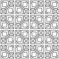 Seamless black and white geometric pattern consisting of symmetrical square shapes, creating a complex abstract design. Suitable for backgrounds, textiles and various graphic design projects.