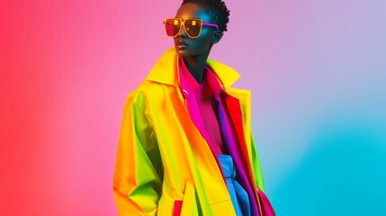 Fototapeta premium Vibrant coat, sunglasses, model, colorful backdrop.