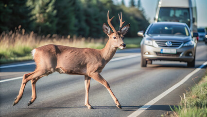 Fototapeta premium A deer cautiously crosses a busy highway, its antlers catching the light.Wildlife crossing- a deer navigates the asphalt, vehicles in the background.