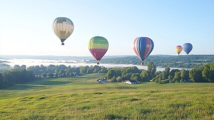 Fototapeta premium A serene landscape featuring colorful hot air balloons floating over a valley.