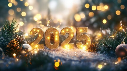 Golden 2025 amid snowy pine branches with bokeh lights.