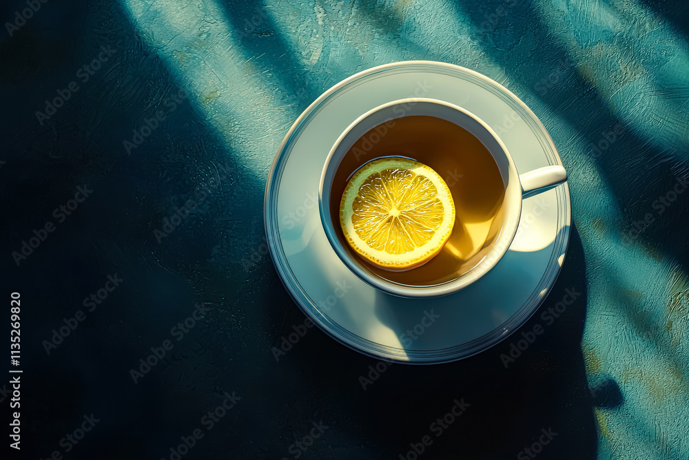 Poster white cup with a slice of lemon in it. the cup is on a blue surface. the lemon slice is floating in 