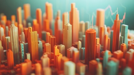 3d illustration of city buildings over business graph background