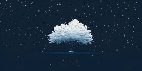 Minimalist illustration of a snowy tree on a dark blue background with falling snowflakes